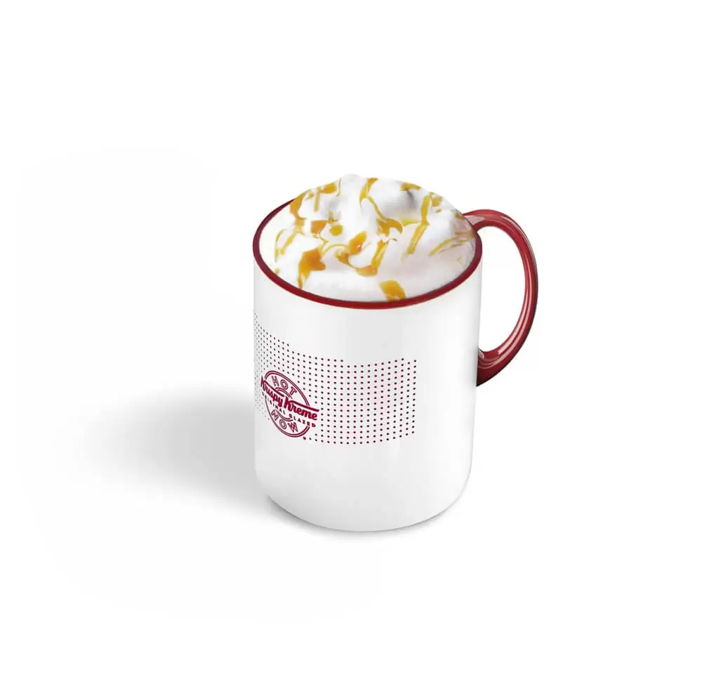 Café à Lausanne : Latte Caramel Macchiato, Krispy Kreme, Un latte gourmand au caramel associant espresso, lait et douceur sucrée.